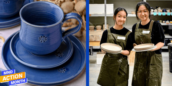 On the left is a cornflower blue handmade ceramic cup saucer and plate. on the right is Michelle and Jacqueline standing in their ceramics workshop with aprons on.