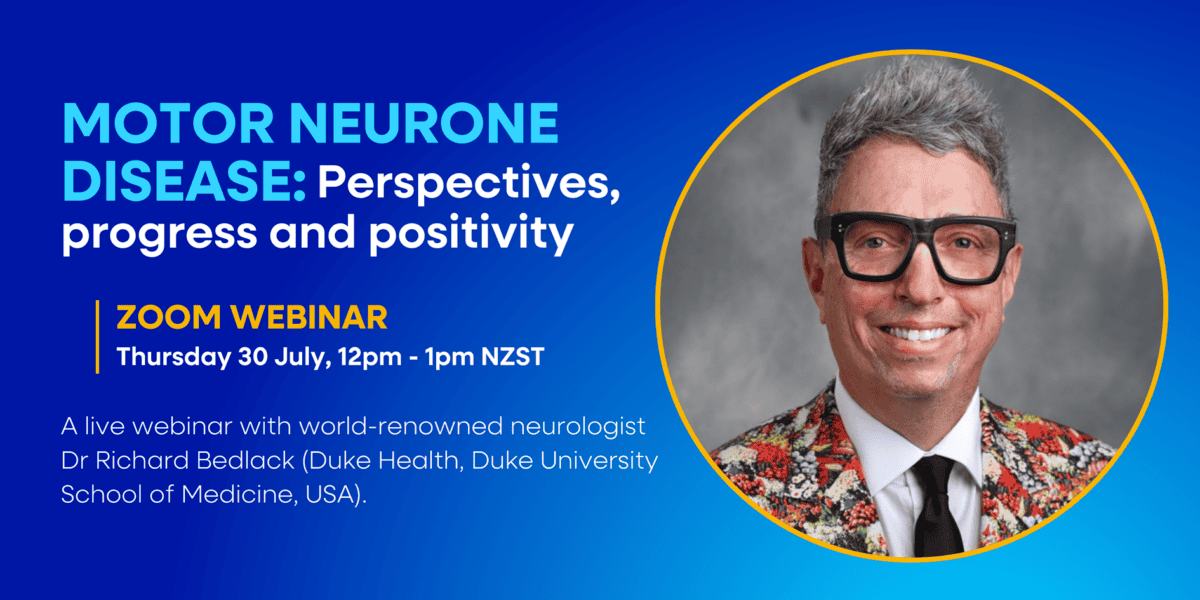 Photo of Dr Richard Bedlack on blue banner advertising an ALS/MND webinar