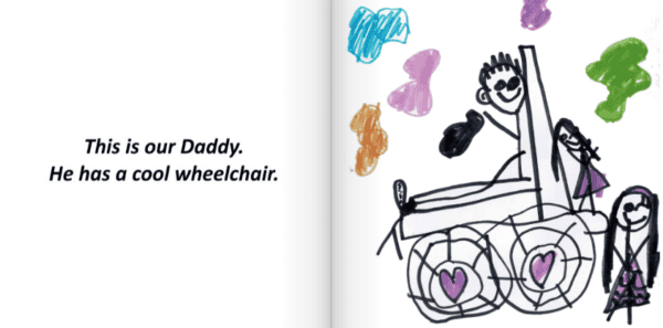A child's drawing of a dad and two kids on a power chair