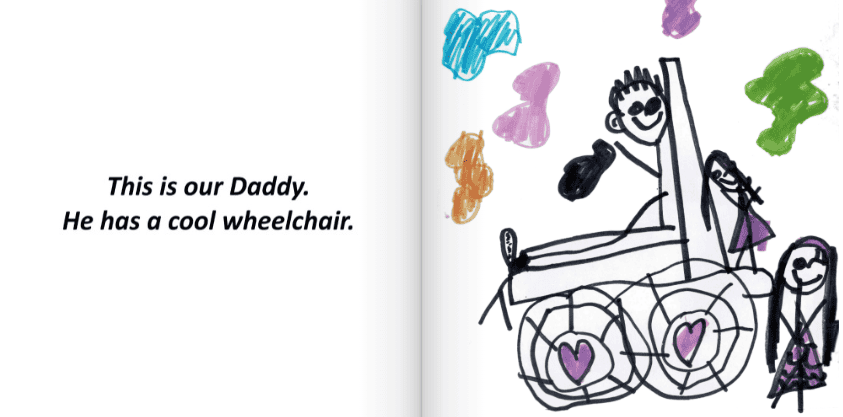 A child's drawing of a dad and two kids on a power chair