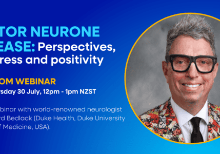 Photo of Dr Richard Bedlack on blue banner advertising an ALS/MND webinar