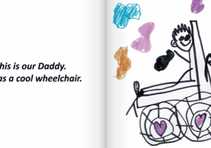 A child's drawing of a dad and two kids on a power chair