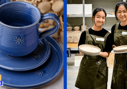 On the left is a cornflower blue handmade ceramic cup saucer and plate. on the right is Michelle and Jacqueline standing in their ceramics workshop with aprons on.